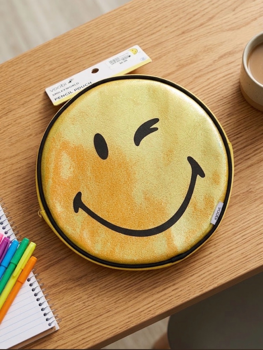 Yoobi Yellow Winking Smiley Round Pencil Pouch